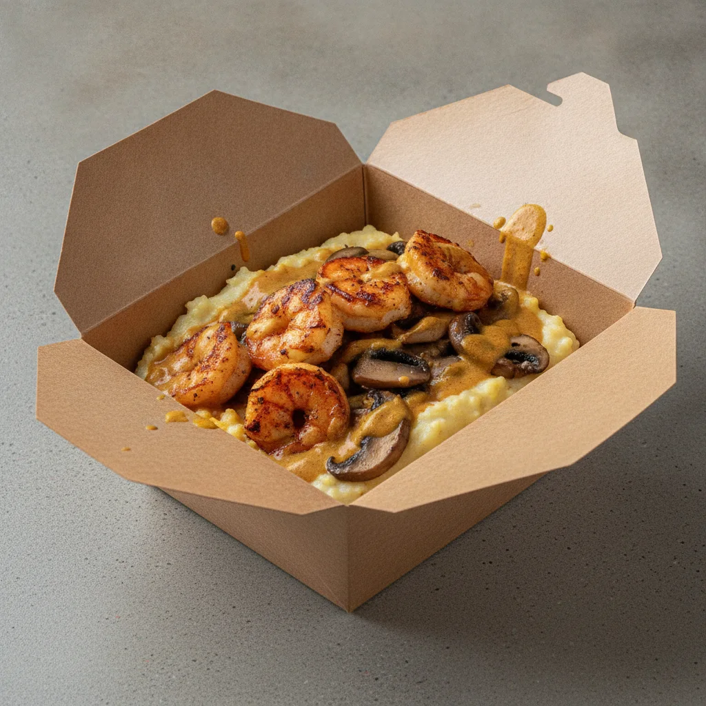 Coconut Curry Grits Box - Mushrooms , Adobo Shrimp , Coconut Curry Sauce