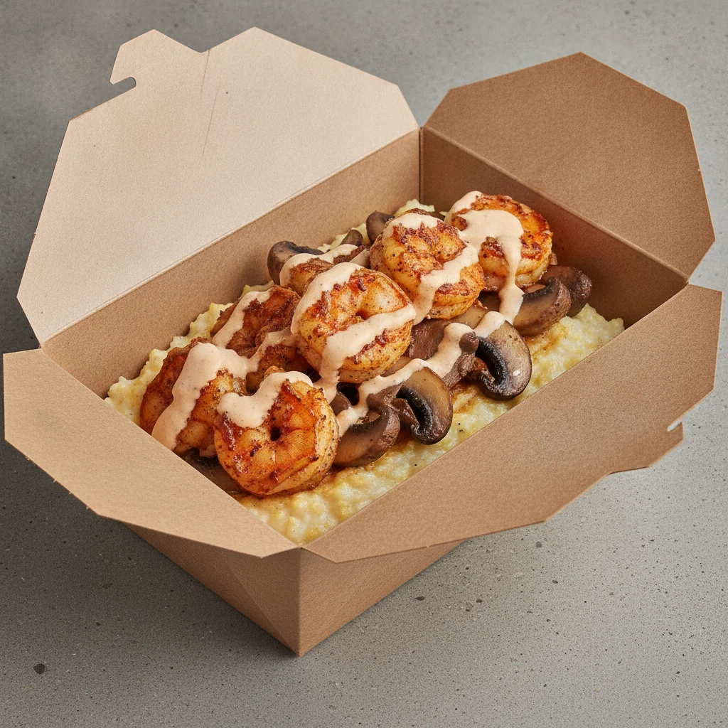 Coconut Curry Grits Box - Mushrooms , Adobo Shrimp , Adobo Cream