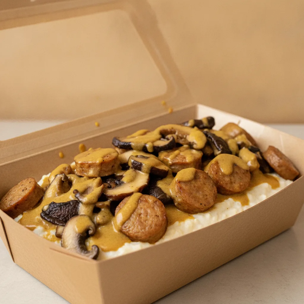 Coconut Curry Grits Box - Mushrooms , Chicken Sausage , Coconut Curry Sauce