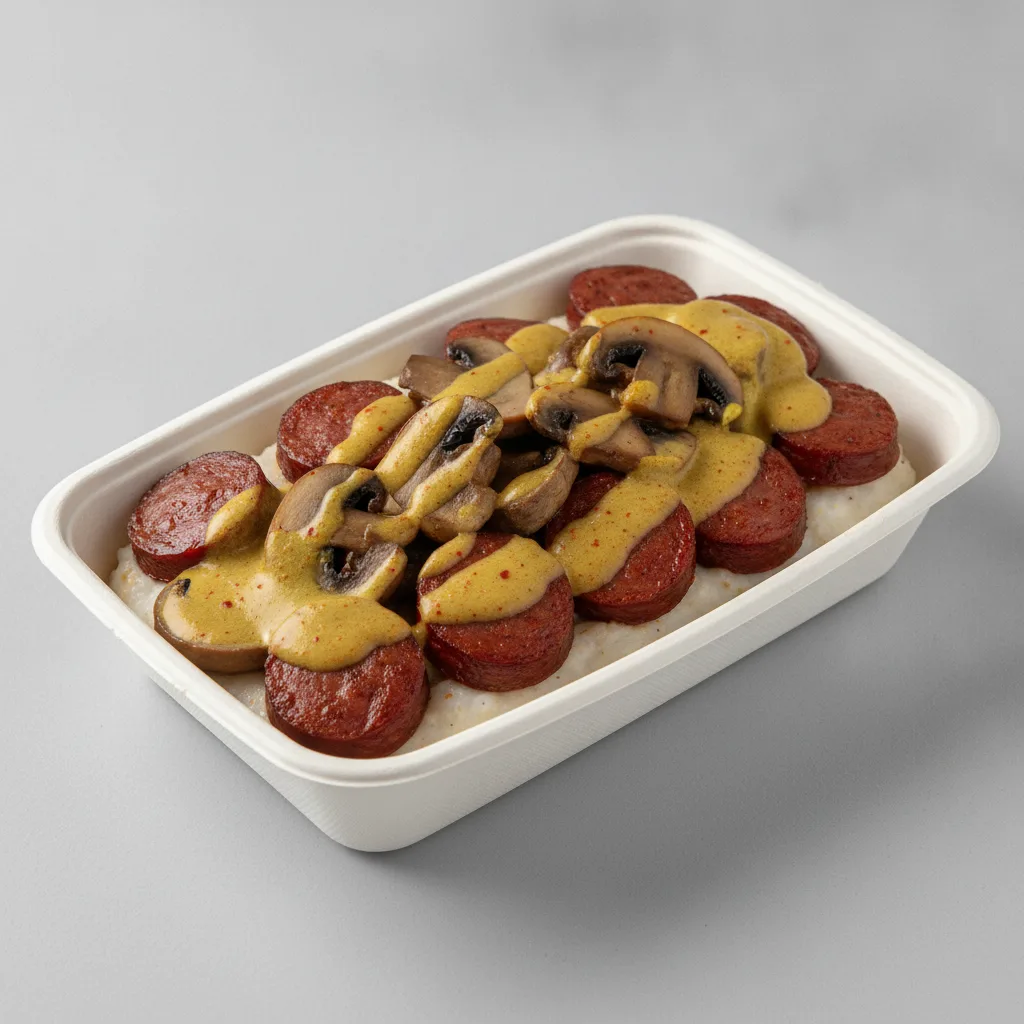 Coconut Curry Grits Box - Mushrooms , Andouille Sausage , Coconut Curry Sauce