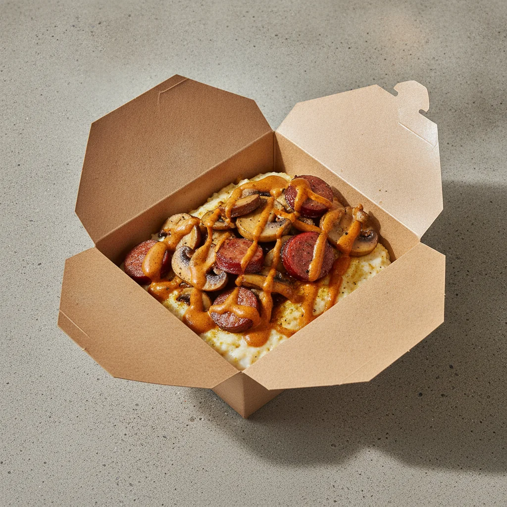 Coconut Curry Grits Box - Mushrooms , Andouille Sausage , Adobo Cream