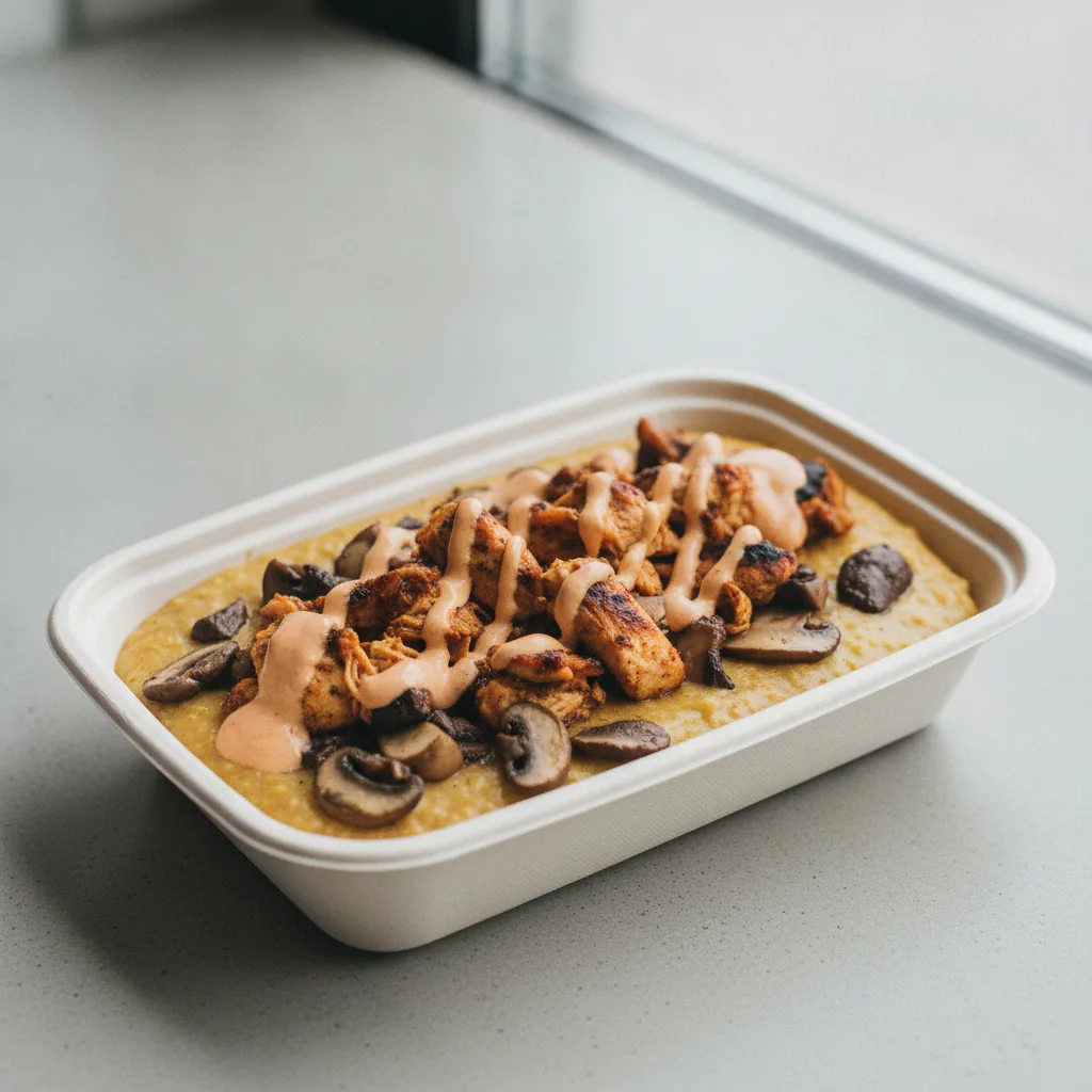 Coconut Curry Grits Box - Mushrooms , Moroccan Chicken , Adobo Cream