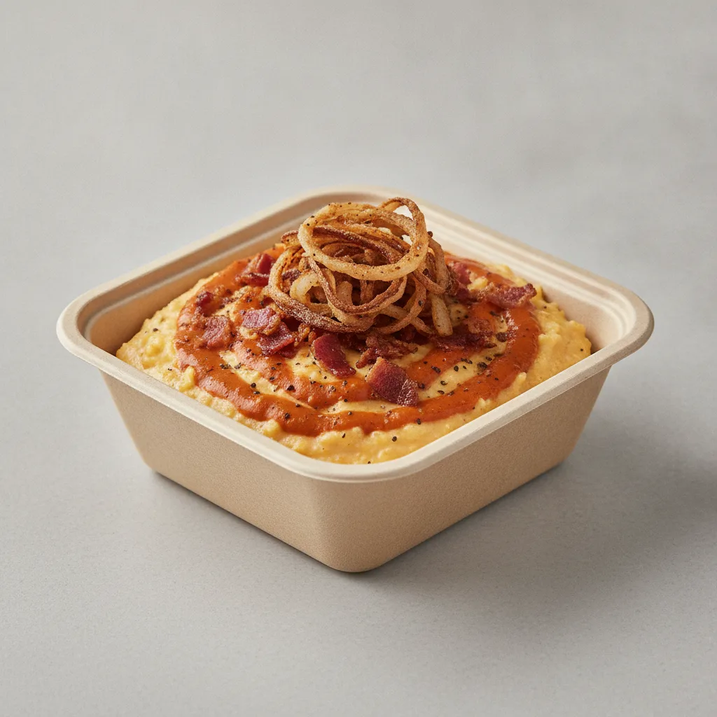 Chipotle Gouda Grits Box - Crispy Onion , Bacon , Smoky Tom. Creole (Seasoned Cream)