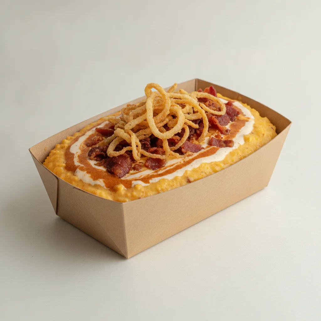 Chipotle Gouda Grits Box - Crispy Onion , Bacon , Adobo Cream