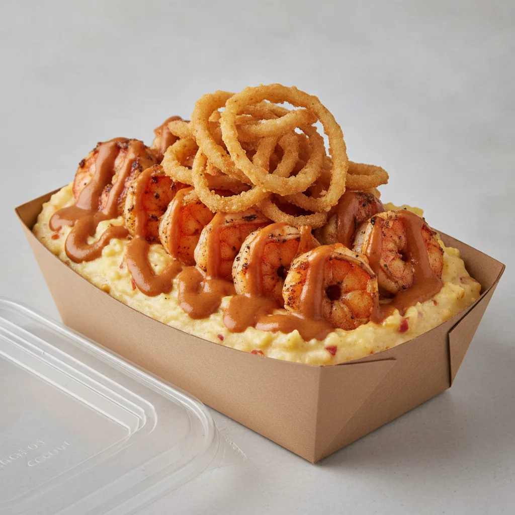 Chipotle Gouda Grits Box - Crispy Onion , Adobo Shrimp , Smoky Tom. Creole (Seasoned Cream)