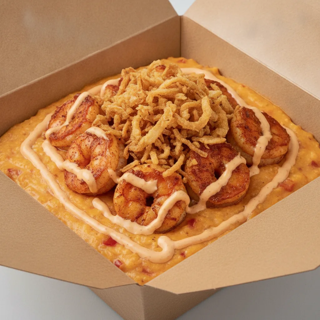 Chipotle Gouda Grits Box - Crispy Onion , Adobo Shrimp , Adobo Cream