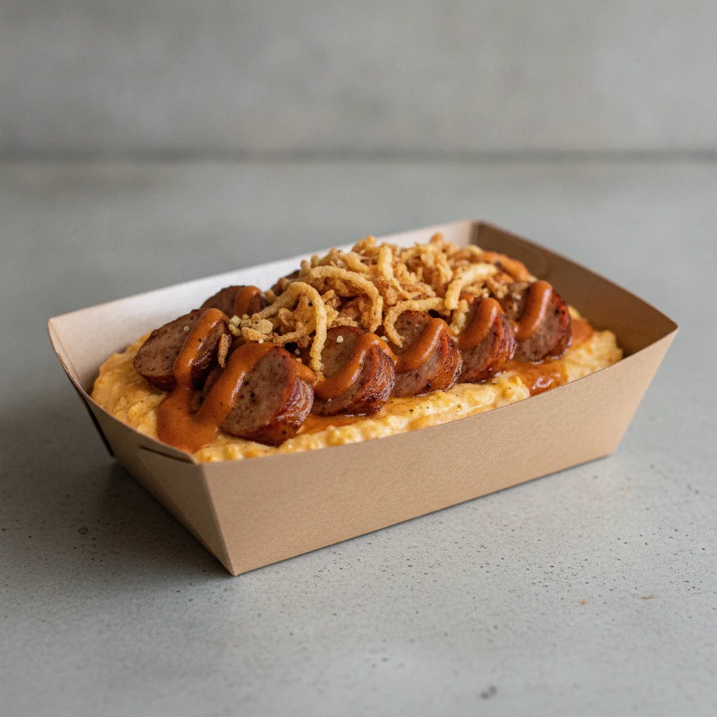 Chipotle Gouda Grits Box - Crispy Onion , Chicken Sausage , Smoky Tom. Creole (Seasoned Cream)