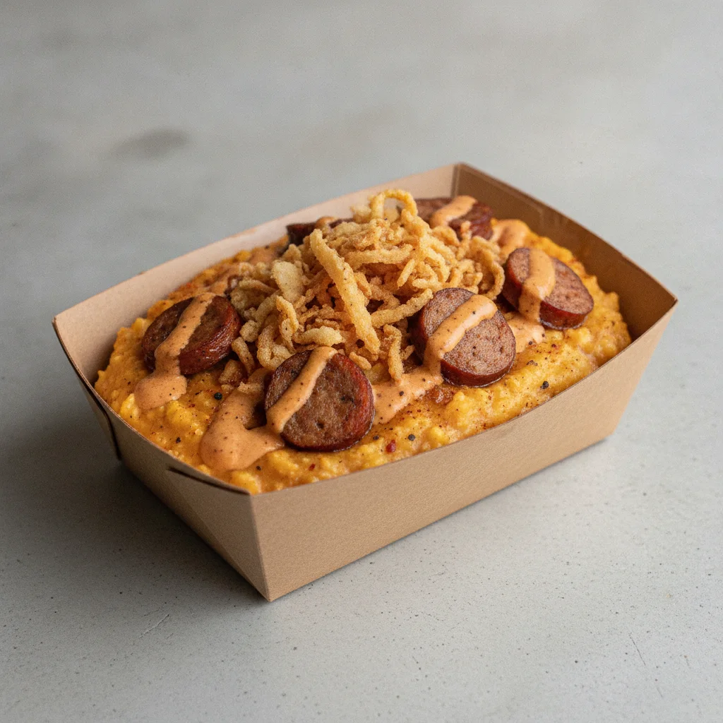 Chipotle Gouda Grits Box - Crispy Onion , Chicken Sausage , Adobo Cream