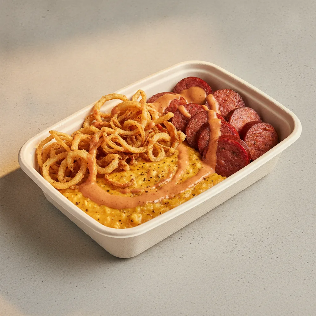 Chipotle Gouda Grits Box - Crispy Onion , Andouille Sausage , Smoky Tom. Creole (Seasoned Cream)