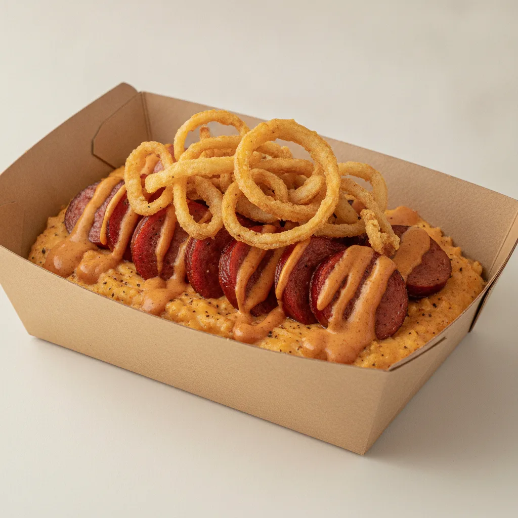 Chipotle Gouda Grits Box - Crispy Onion , Andouille Sausage , Adobo Cream