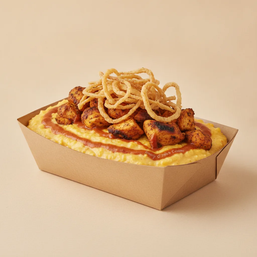 Chipotle Gouda Grits Box - Crispy Onion , Moroccan Chicken , Smoky Tom. Creole (Seasoned Cream)