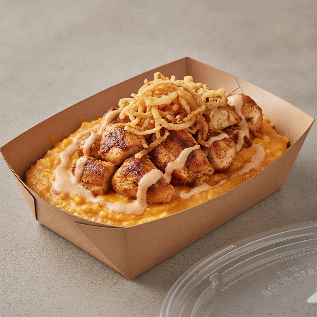 Chipotle Gouda Grits Box - Crispy Onion , Moroccan Chicken , Adobo Cream