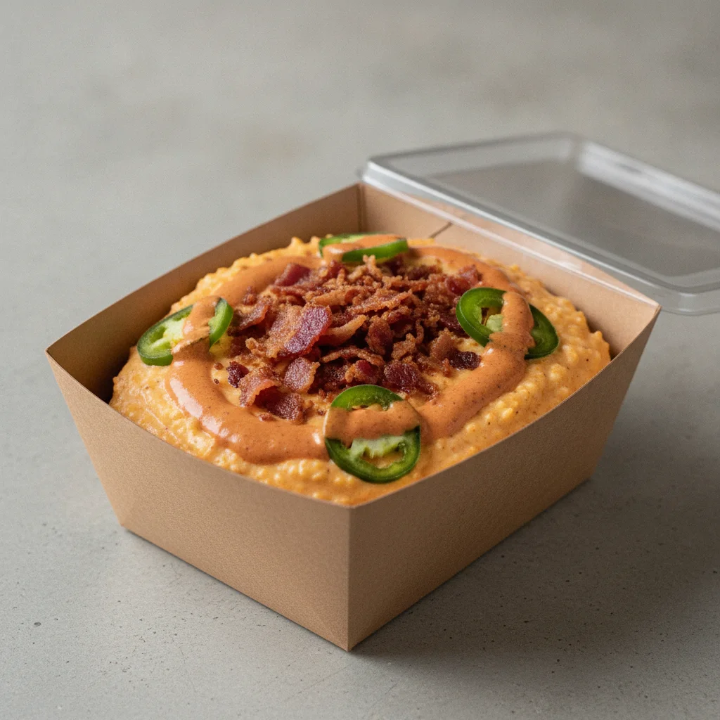 Chipotle Gouda Grits Box - Jalapenos , Bacon , Smoky Tom. Creole (Seasoned Cream)