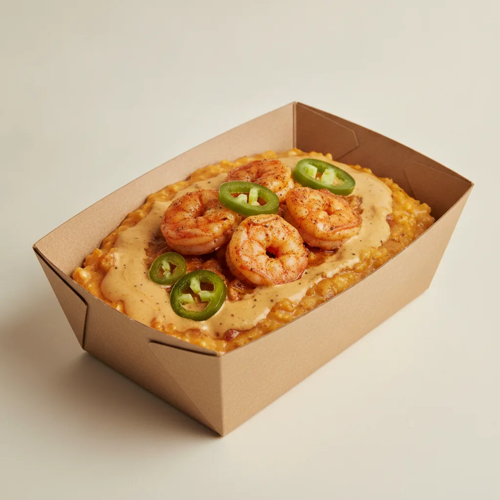 Chipotle Gouda Grits Box - Jalapenos , Adobo Shrimp , Smoky Tom. Creole (Seasoned Cream)