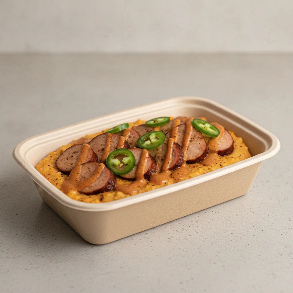 Chipotle Gouda Grits Box - Jalapenos , Chicken Sausage , Smoky Tom. Creole (Seasoned Cream)