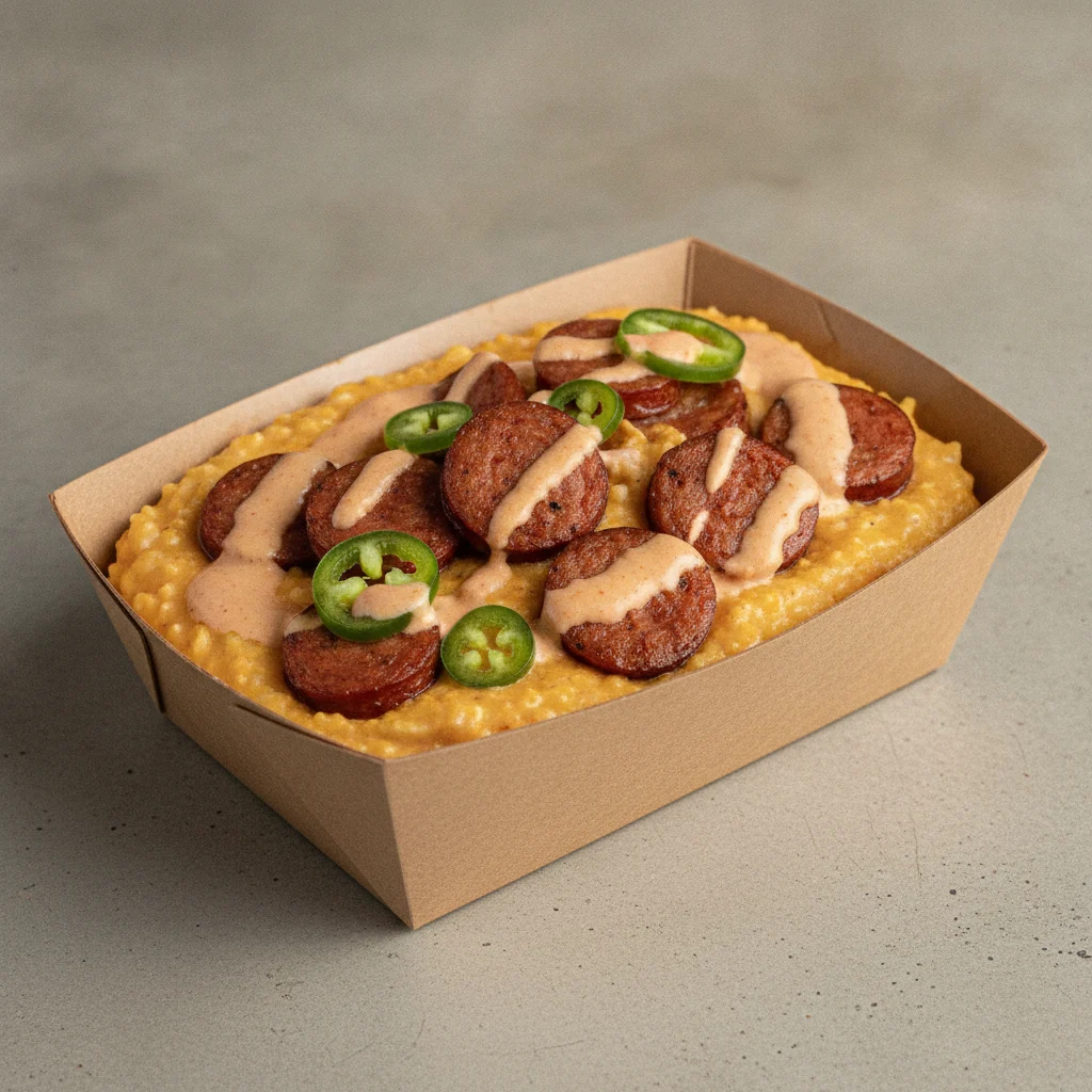 Chipotle Gouda Grits Box - Jalapenos , Andouille Sausage , Smoky Tom. Creole (Seasoned Cream)