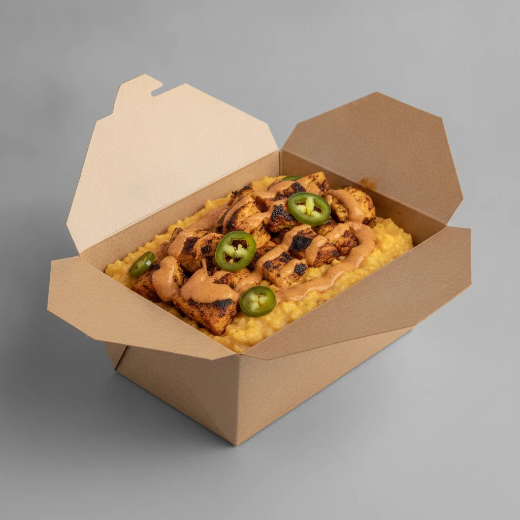 Chipotle Gouda Grits Box - Jalapenos , Moroccan Chicken , Smoky Tom. Creole (Seasoned Cream)