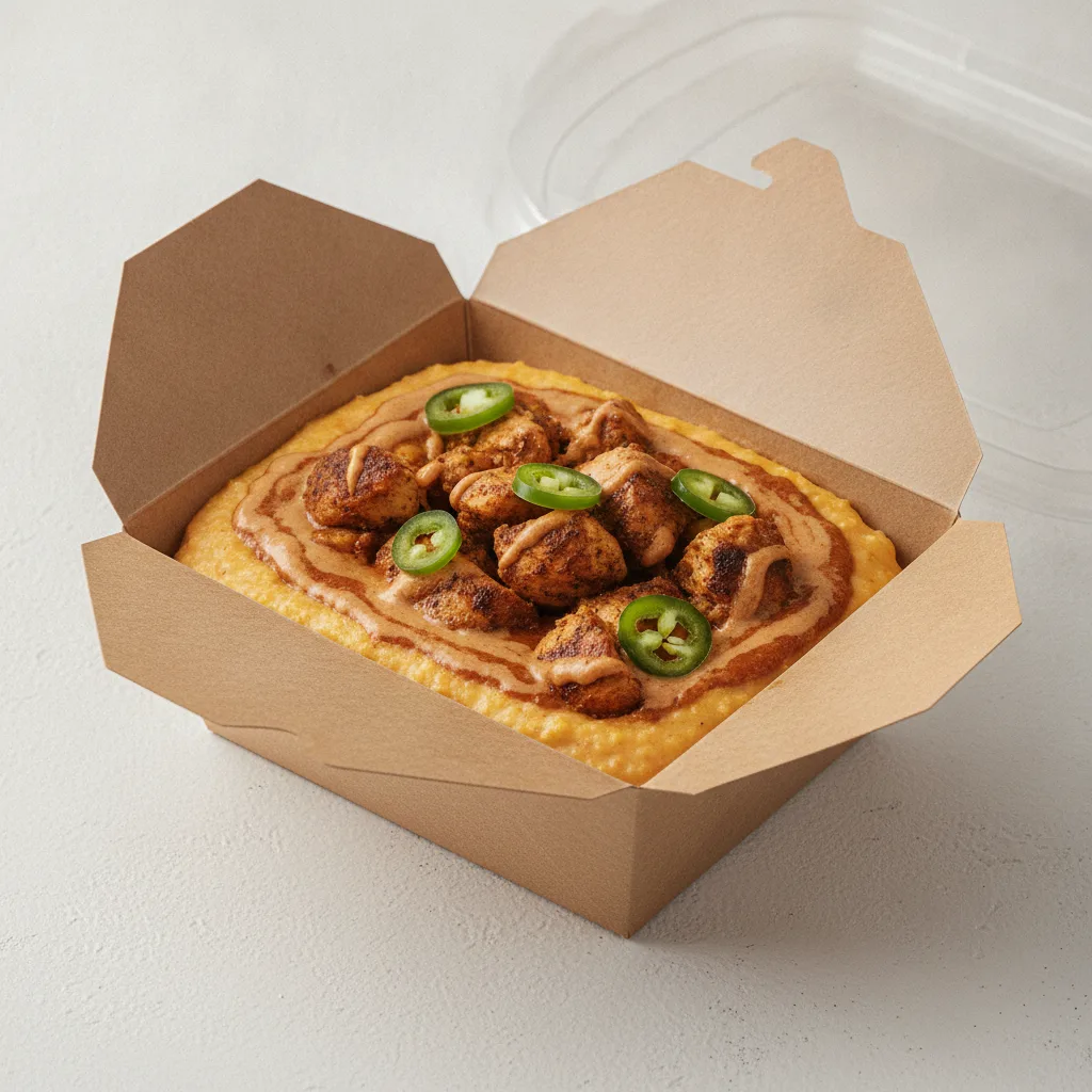 Chipotle Gouda Grits Box - Jalapenos , Moroccan Chicken , Adobo Cream