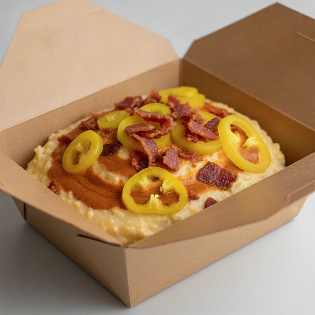 Chipotle Gouda Grits Box - Banana Peppers , Bacon , Smoky Tom. Creole (Seasoned Cream)