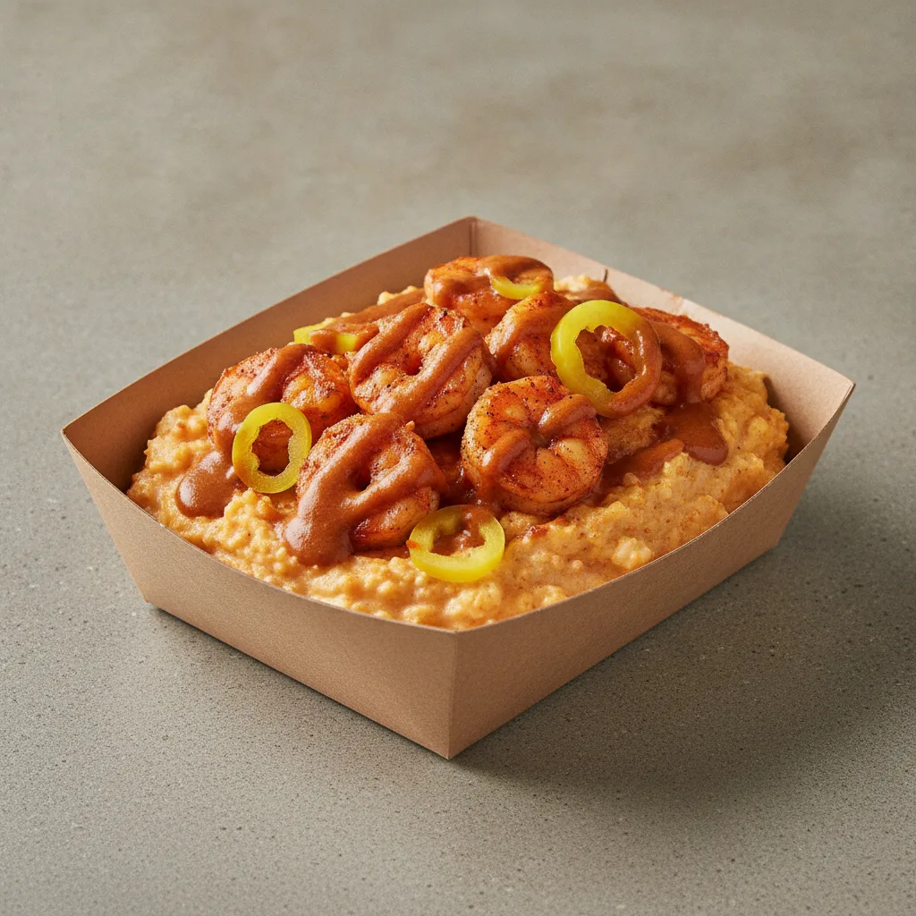 Chipotle Gouda Grits Box - Banana Peppers , Adobo Shrimp , Smoky Tom. Creole (Seasoned Cream)