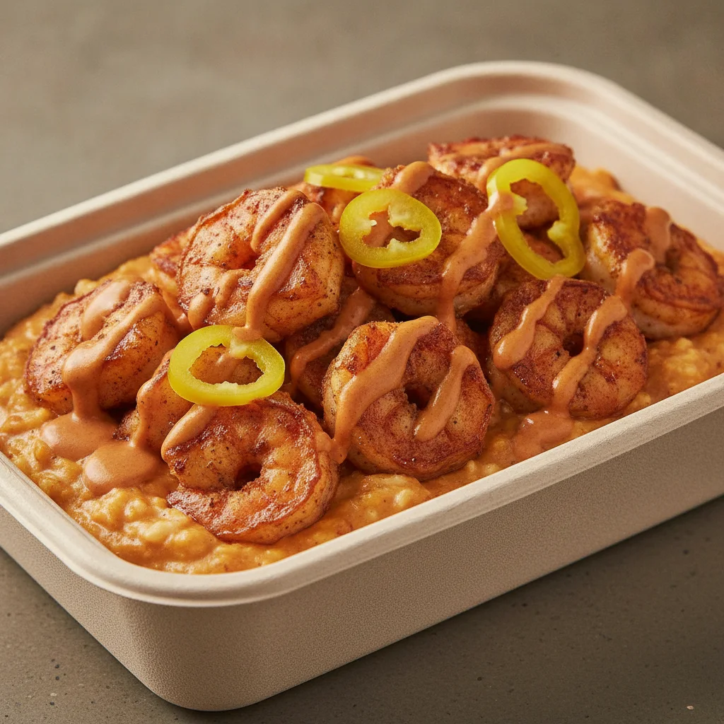 Chipotle Gouda Grits Box - Banana Peppers , Adobo Shrimp , Adobo Cream
