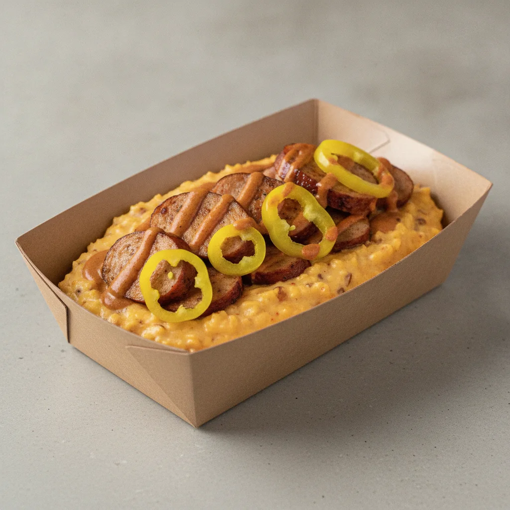 Chipotle Gouda Grits Box - Banana Peppers , Chicken Sausage , Smoky Tom. Creole (Seasoned Cream)