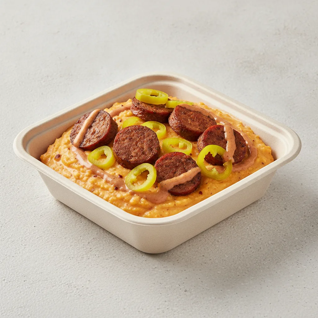 Chipotle Gouda Grits Box - Banana Peppers , Chicken Sausage , Adobo Cream