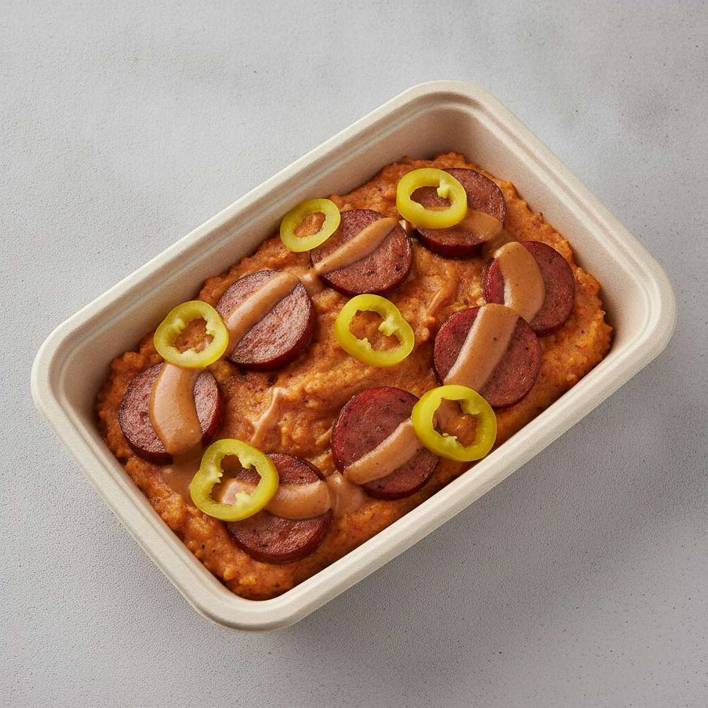 Chipotle Gouda Grits Box - Banana Peppers , Andouille Sausage , Smoky Tom. Creole (Seasoned Cream)