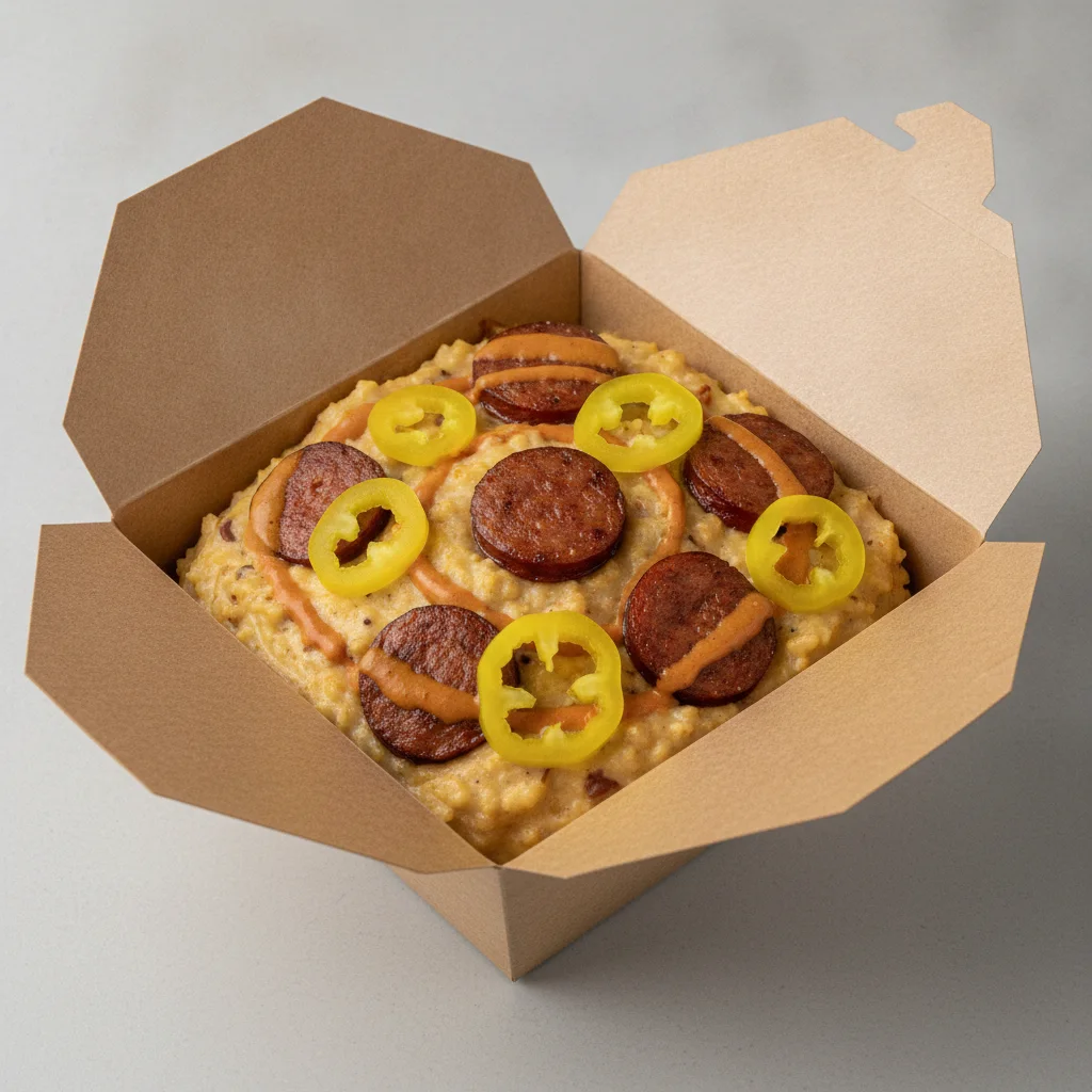 Chipotle Gouda Grits Box - Banana Peppers , Andouille Sausage , Adobo Cream