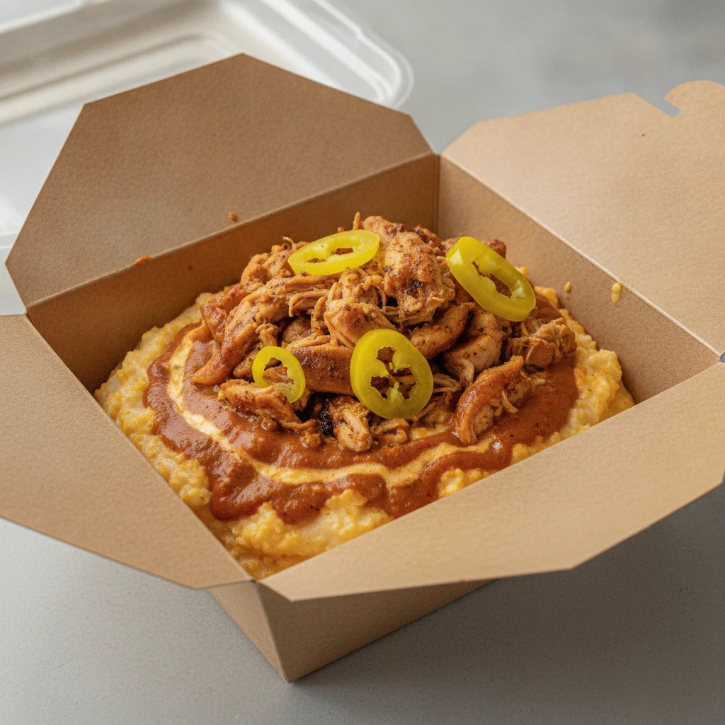 Chipotle Gouda Grits Box - Banana Peppers , Moroccan Chicken , Smoky Tom. Creole (Seasoned Cream)