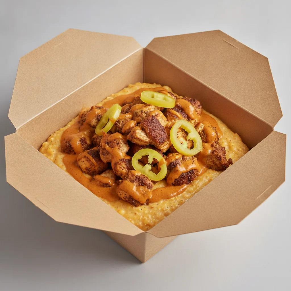 Chipotle Gouda Grits Box - Banana Peppers , Moroccan Chicken , Adobo Cream