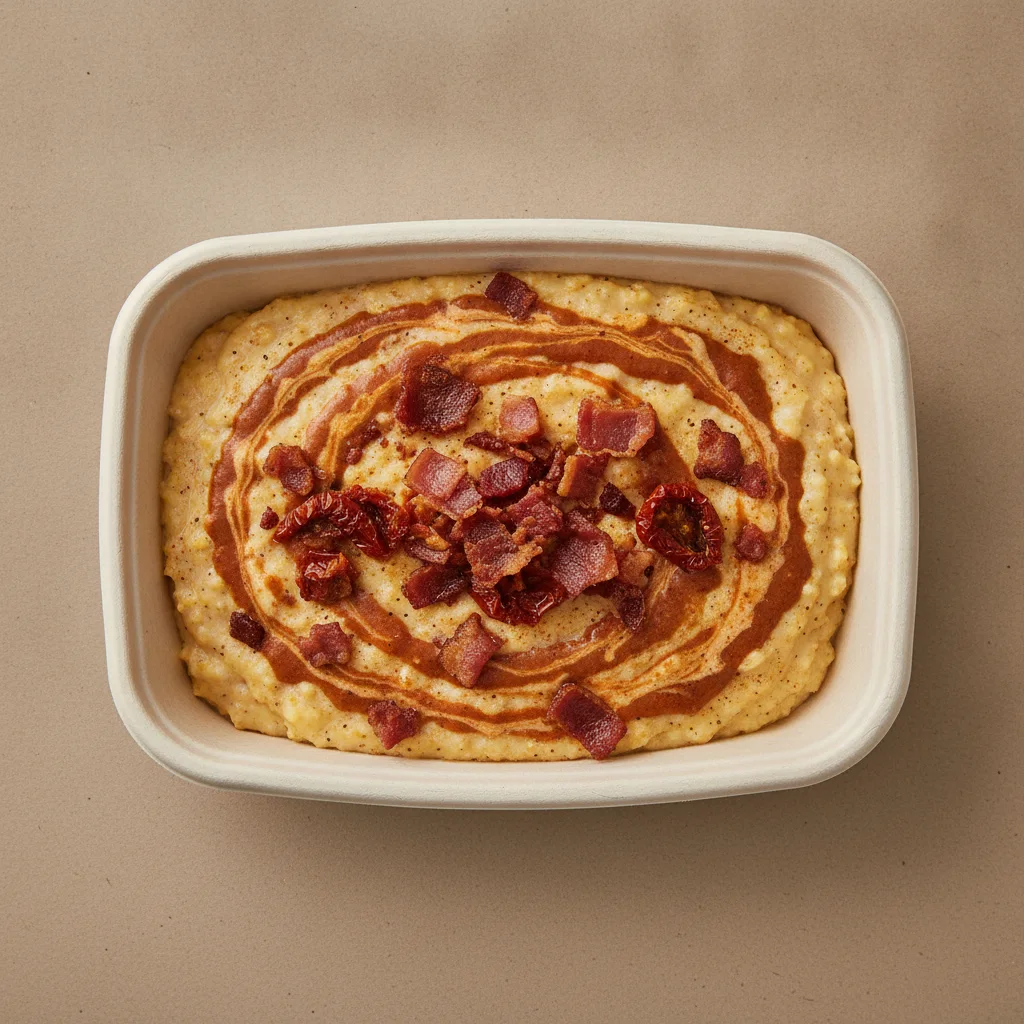 Chipotle Gouda Grits Box - Sundried Tomatoes , Bacon , Smoky Tom. Creole (Seasoned Cream)