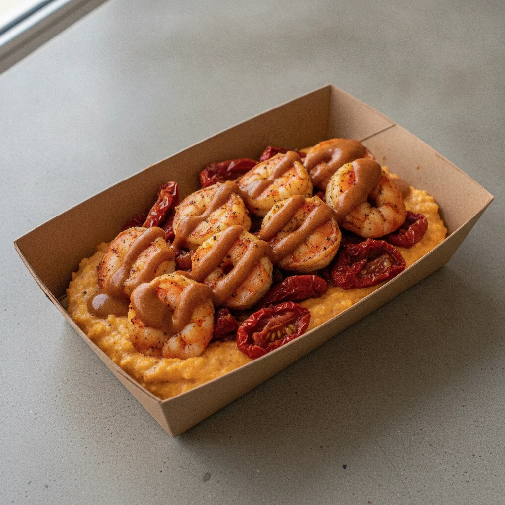 Chipotle Gouda Grits Box - Sundried Tomatoes , Adobo Shrimp , Smoky Tom. Creole (Seasoned Cream)