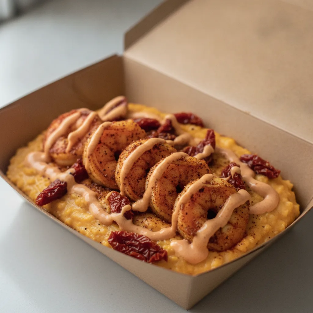 Chipotle Gouda Grits Box - Sundried Tomatoes , Adobo Shrimp , Adobo Cream