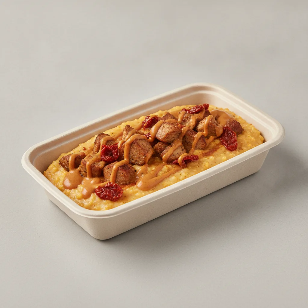 Chipotle Gouda Grits Box - Sundried Tomatoes , Chicken Sausage , Smoky Tom. Creole (Seasoned Cream)