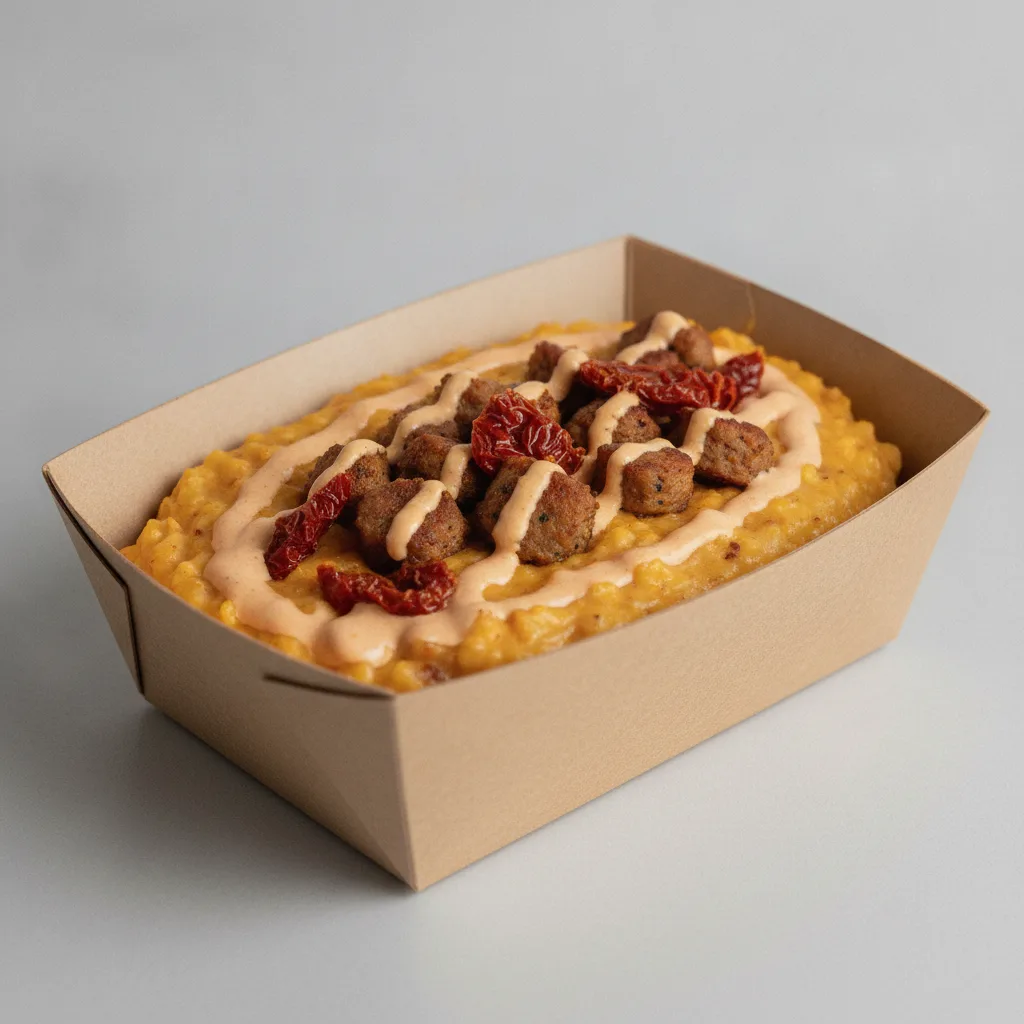 Chipotle Gouda Grits Box - Sundried Tomatoes , Chicken Sausage , Adobo Cream