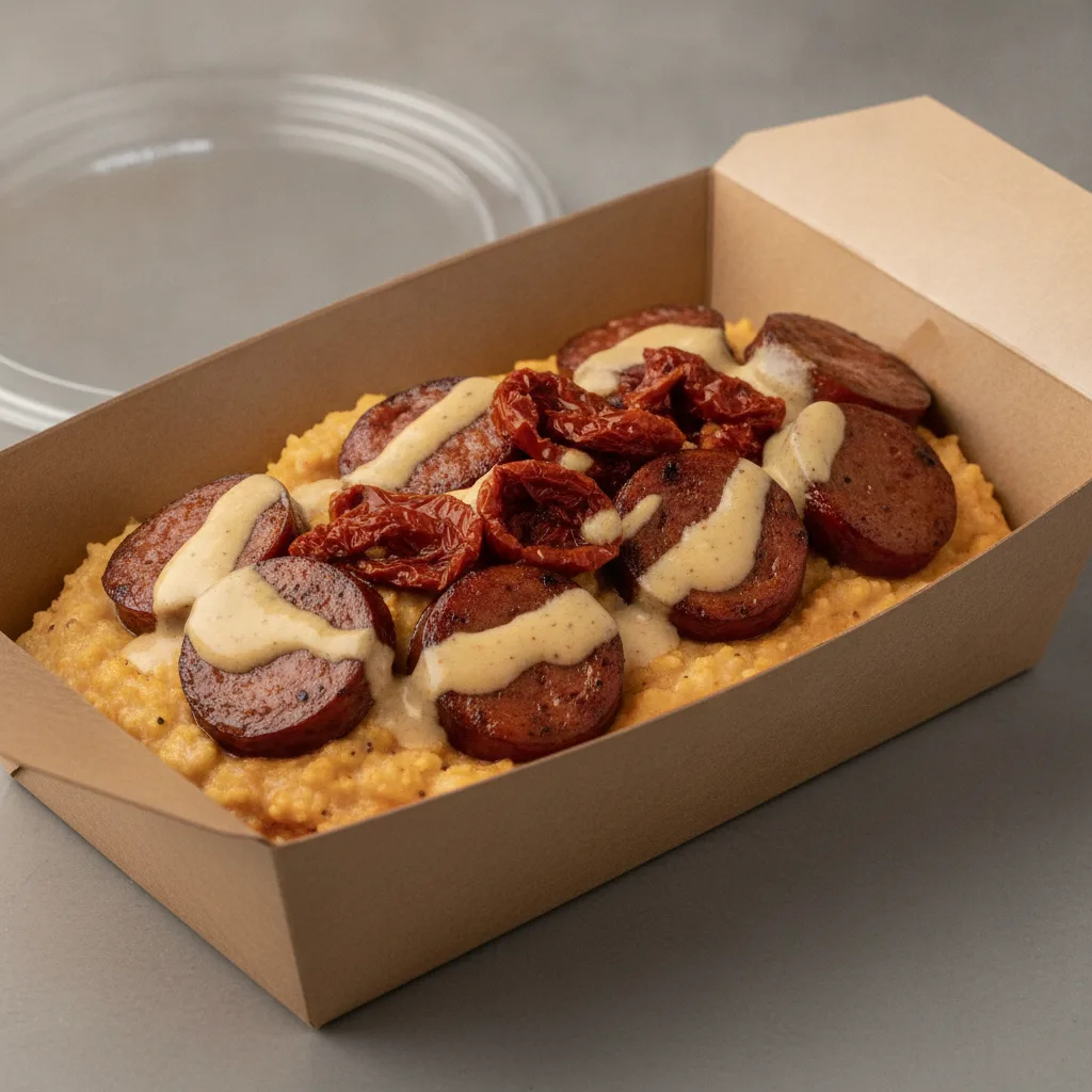 Chipotle Gouda Grits Box - Sundried Tomatoes , Andouille Sausage , Smoky Tom. Creole (Seasoned Cream)