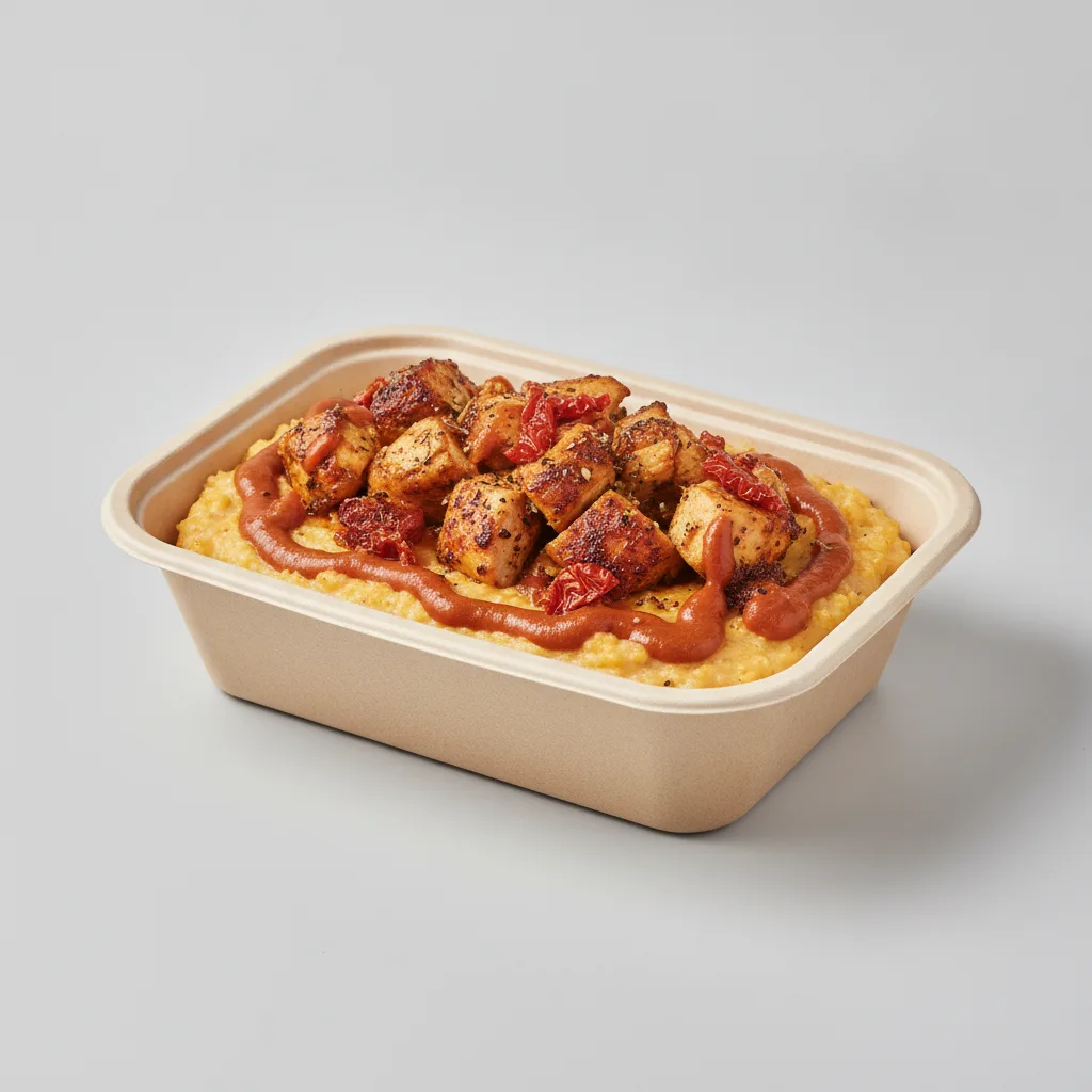 Chipotle Gouda Grits Box - Sundried Tomatoes , Moroccan Chicken , Smoky Tom. Creole (Seasoned Cream)