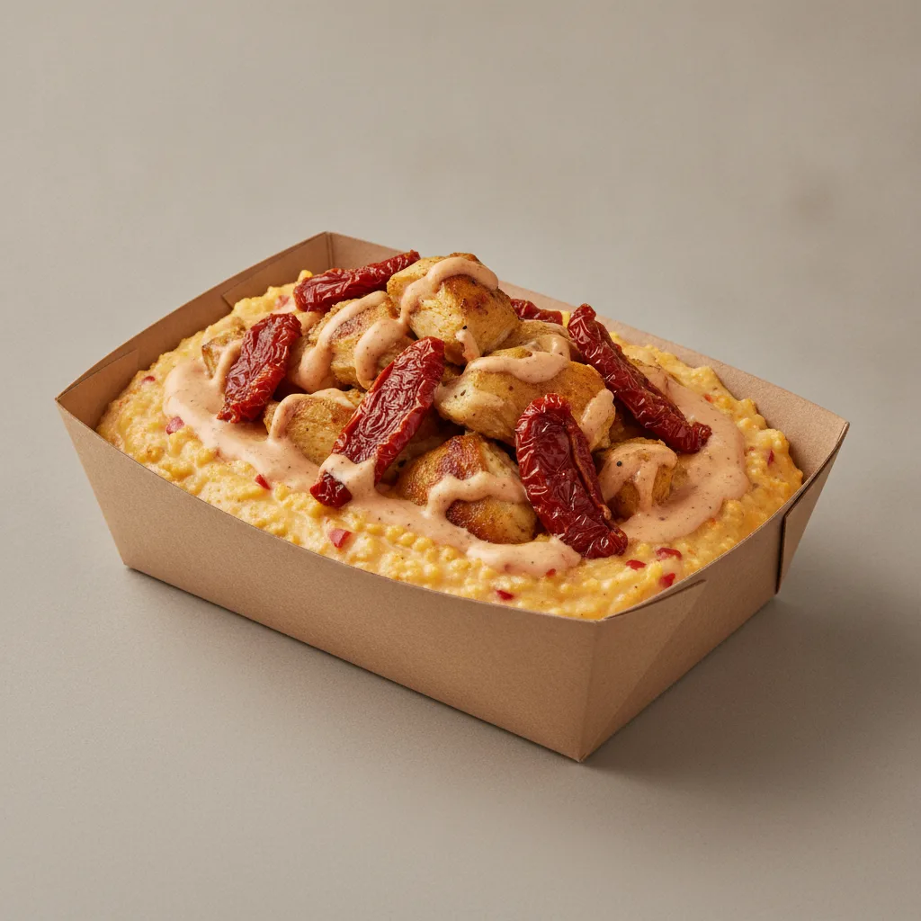 Chipotle Gouda Grits Box - Sundried Tomatoes , Moroccan Chicken , Adobo Cream