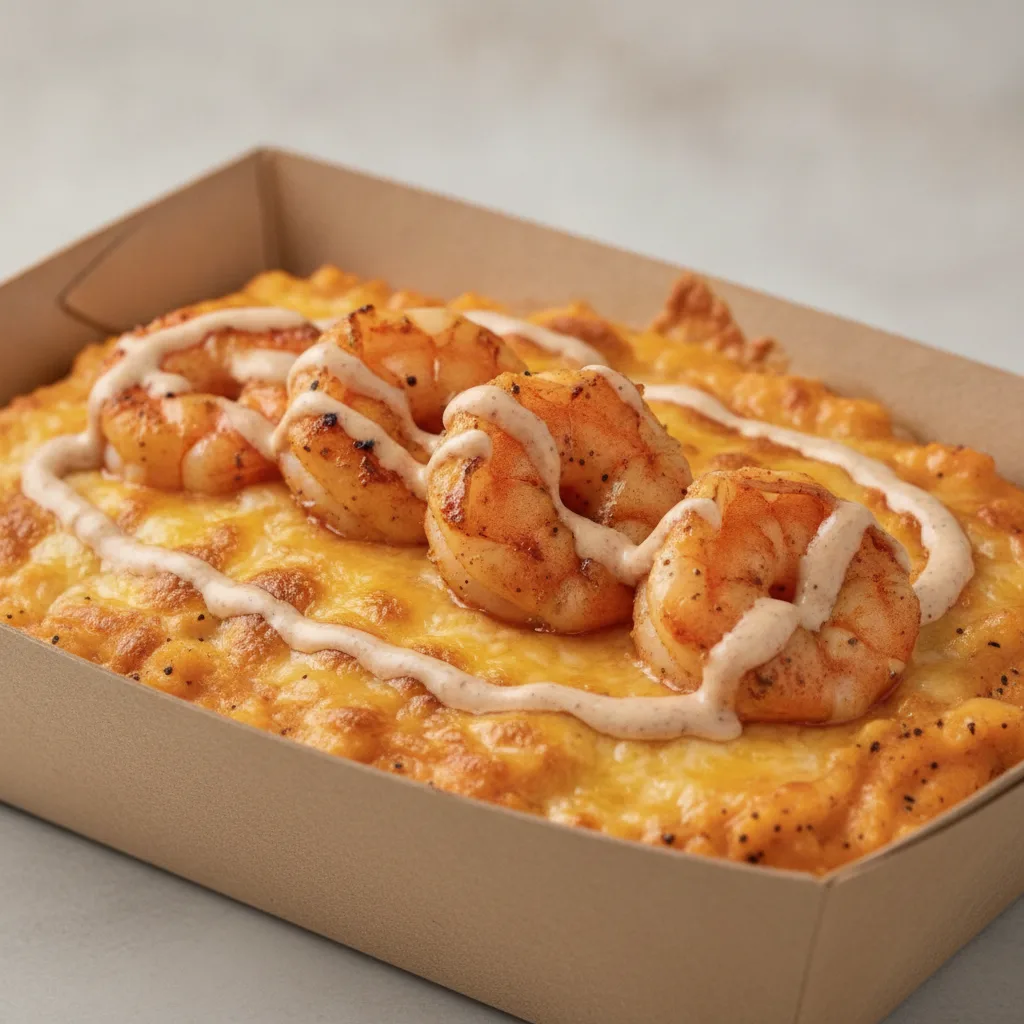 Chipotle Gouda Grits Box - Pepper Jack Cheese , Adobo Shrimp , Smoky Tom. Creole (Seasoned Cream)