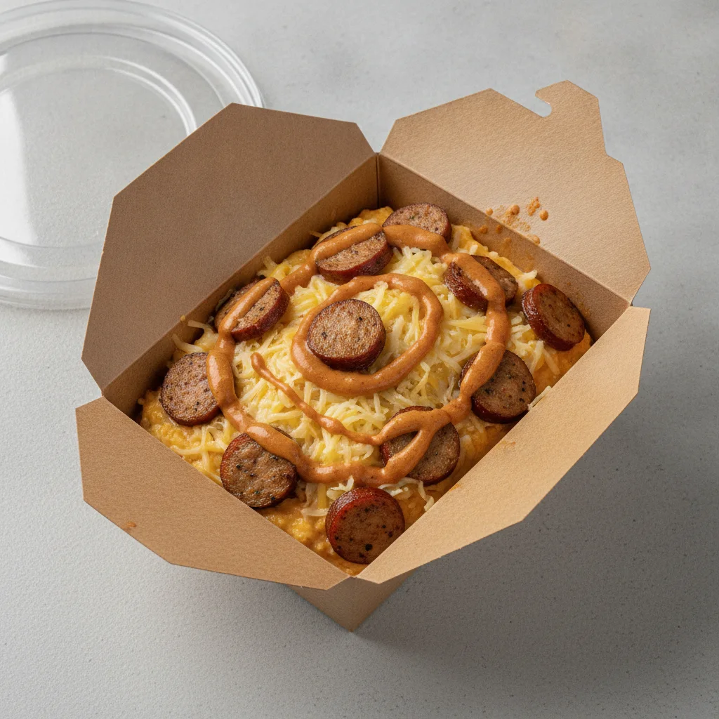 Chipotle Gouda Grits Box - Pepper Jack Cheese , Chicken Sausage , Smoky Tom. Creole (Seasoned Cream)