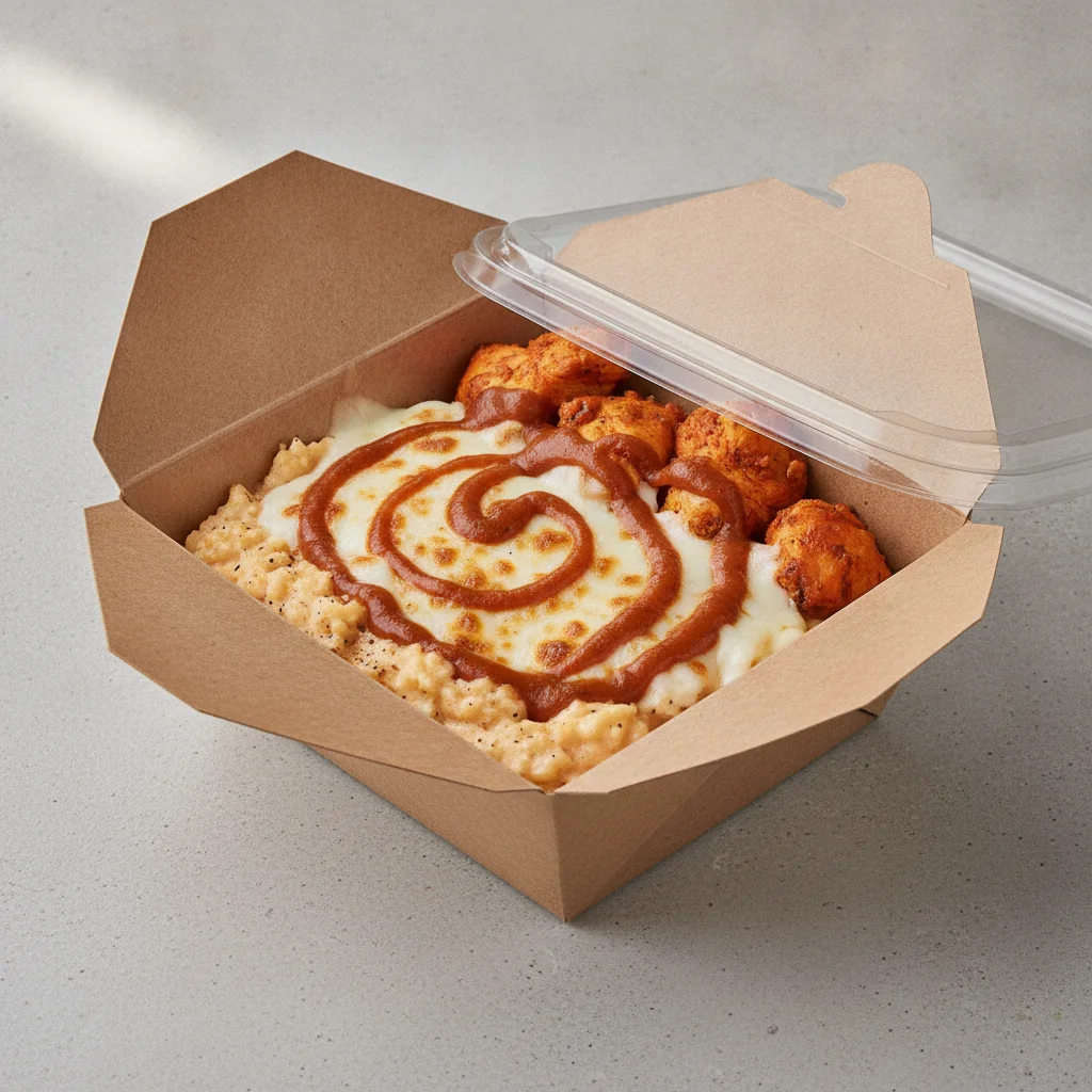 Chipotle Gouda Grits Box - Pepper Jack Cheese , Moroccan Chicken , Smoky Tom. Creole (Seasoned Cream)