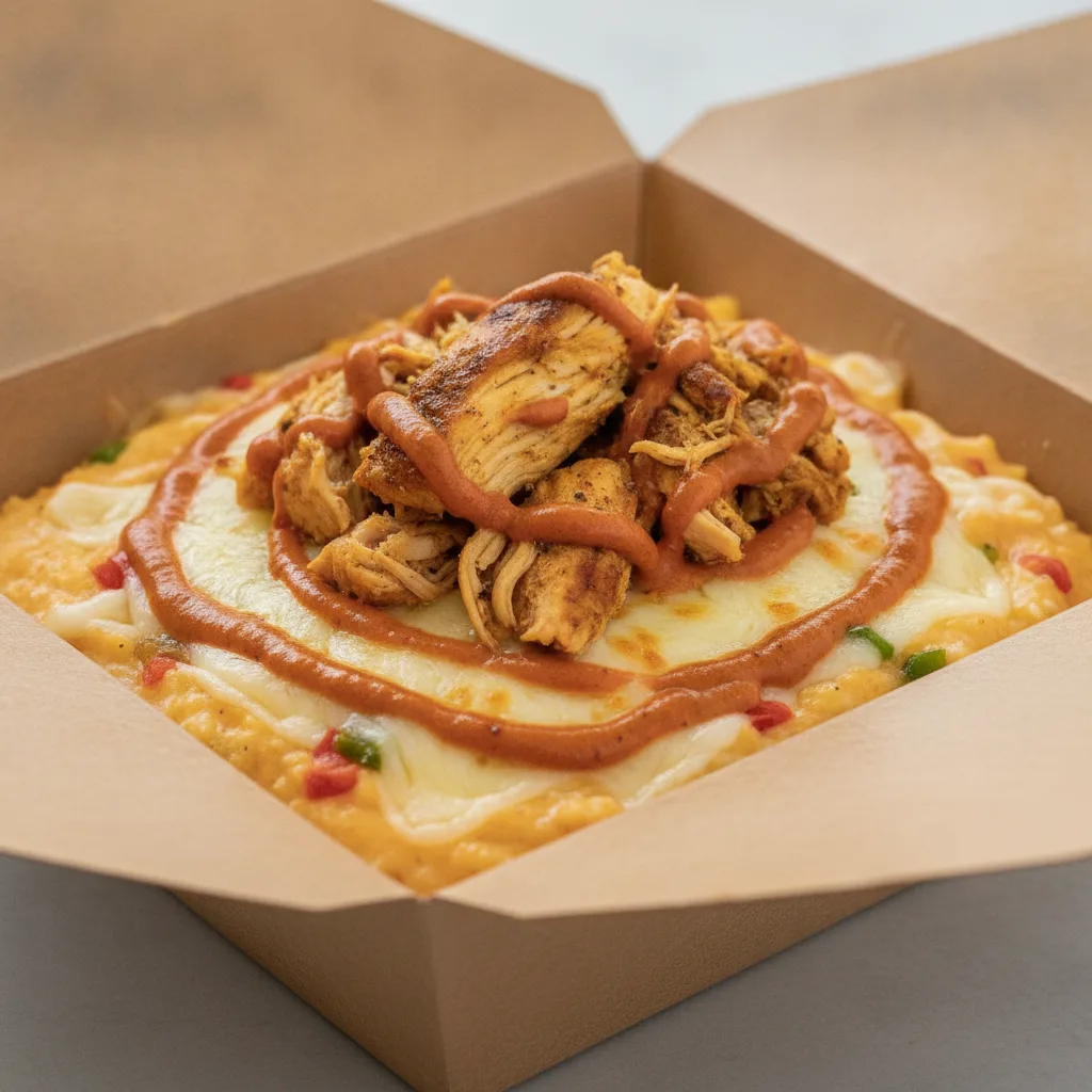 Chipotle Gouda Grits Box - Pepper Jack Cheese , Moroccan Chicken , Adobo Cream