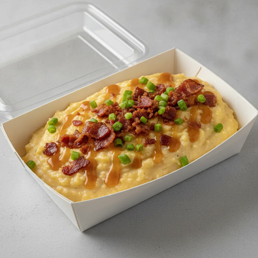 Triple Cheddar Garlic Grits Box - Green Onion , Bacon , Honey Garlic Sauce
