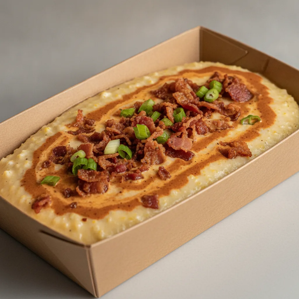 Triple Cheddar Garlic Grits Box - Green Onion , Bacon , Smoky Tom. Creole (Seasoned Cream)