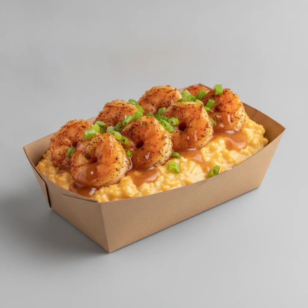 Triple Cheddar Garlic Grits Box - Green Onion , Adobo Shrimp , Honey Garlic Sauce