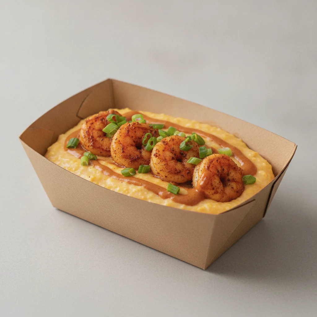 Triple Cheddar Garlic Grits Box - Green Onion , Adobo Shrimp , Smoky Tom. Creole (Seasoned Cream)