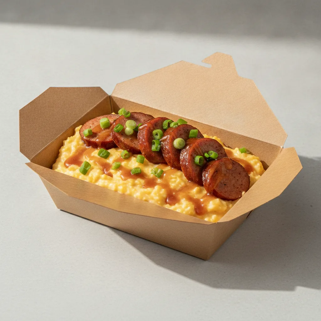 Triple Cheddar Garlic Grits Box - Green Onion , Chicken Sausage , Honey Garlic Sauce