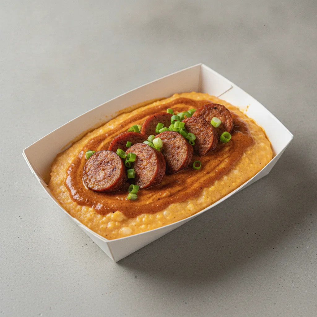Triple Cheddar Garlic Grits Box - Green Onion , Chicken Sausage , Smoky Tom. Creole (Seasoned Cream)