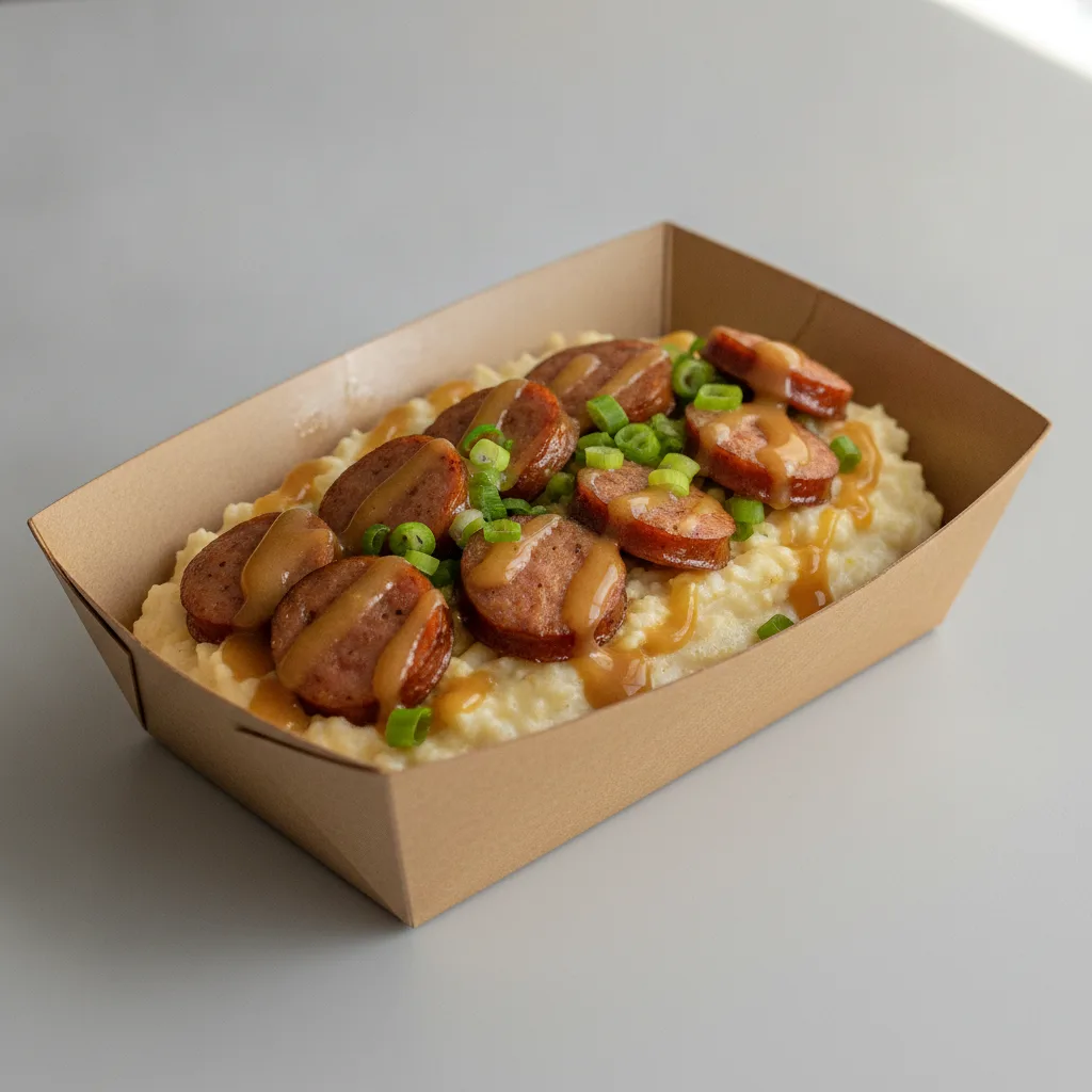 Triple Cheddar Garlic Grits Box - Green Onion , Andouille Sausage , Honey Garlic Sauce